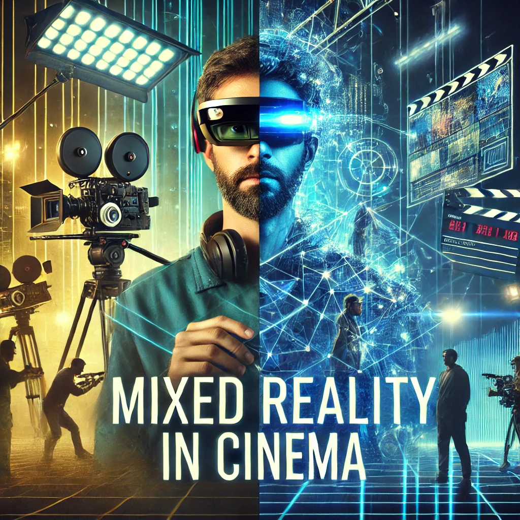 DALL·E 2025-01-09 18.42.31 – A visually striking cinematic thumbnail showcasing the concept of mixed reality in film production. The image features a filmmaker wearing augmented r