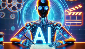 DALL·E 2025-01-09 18.57.04 – A futuristic cinematic thumbnail featuring a humanoid robot sitting at a desk with a glowing holographic screenplay, symbolizing AI writing movie scri