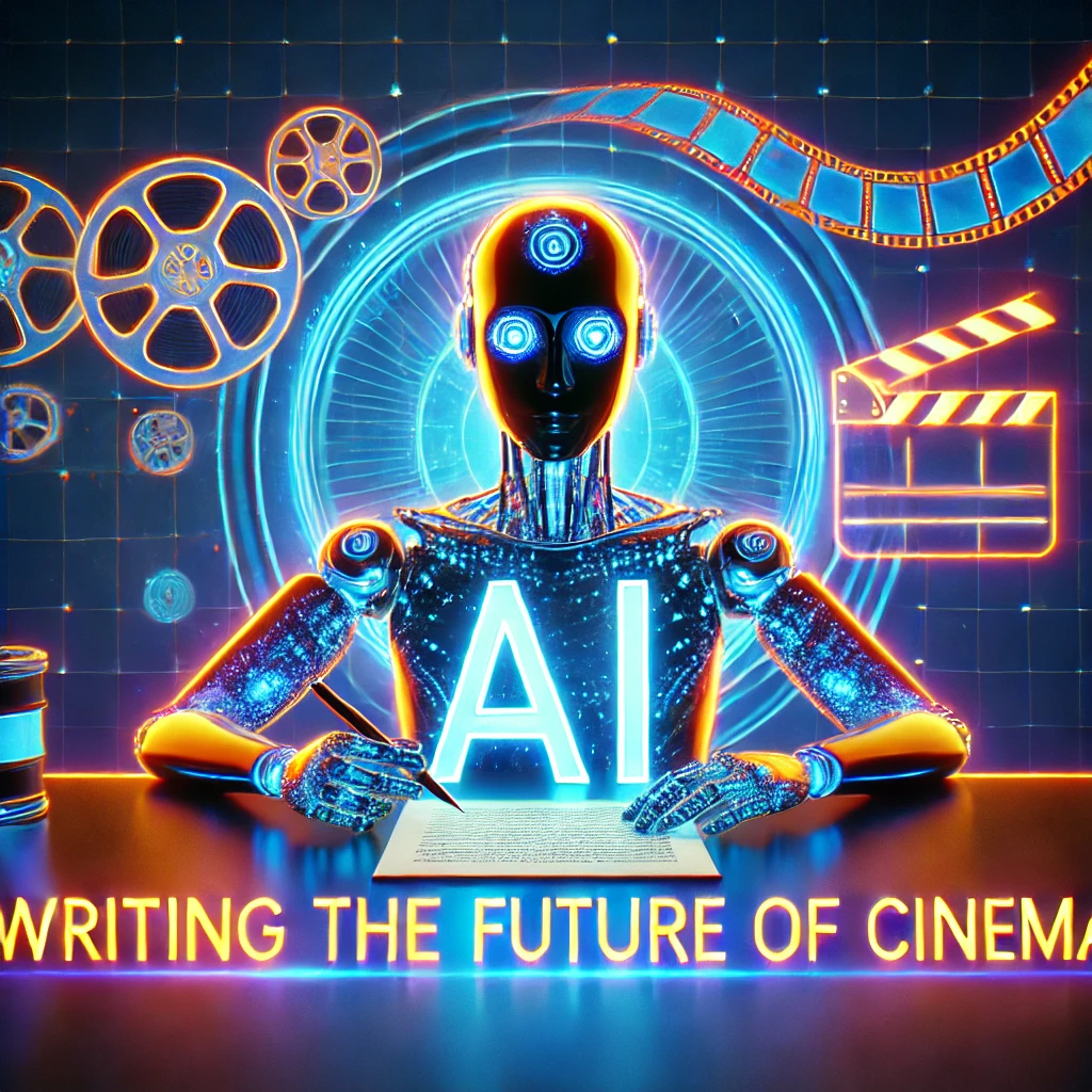 DALL·E 2025-01-09 18.57.04 – A futuristic cinematic thumbnail featuring a humanoid robot sitting at a desk with a glowing holographic screenplay, symbolizing AI writing movie scri