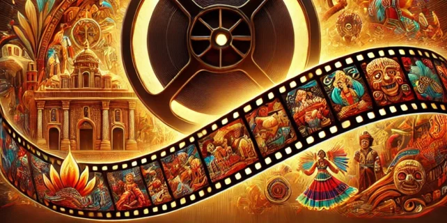 DALL·E 2025-01-09 19.46.19 – A captivating thumbnail design showcasing the theme of cinema preserving cultural traditions. The image features a film reel unrolling into a vibrant