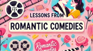 DALL·E 2025-01-09 20.33.37 – A visually engaging YouTube thumbnail for a video about romantic comedy lessons. It features vibrant, cheerful imagery with iconic romantic comedy ele