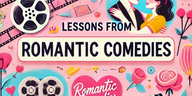 DALL·E 2025-01-09 20.33.37 – A visually engaging YouTube thumbnail for a video about romantic comedy lessons. It features vibrant, cheerful imagery with iconic romantic comedy ele