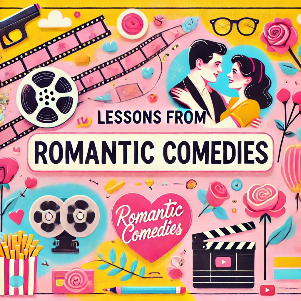 DALL·E 2025-01-09 20.33.37 – A visually engaging YouTube thumbnail for a video about romantic comedy lessons. It features vibrant, cheerful imagery with iconic romantic comedy ele