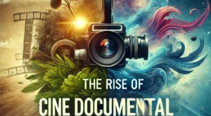 DALL·E 2025-01-09 20.37.36 – A captivating thumbnail representing ‘The Rise of Hybrid Documentary Films_ Reality Meets Fiction.’ The design includes contrasting visuals of a film