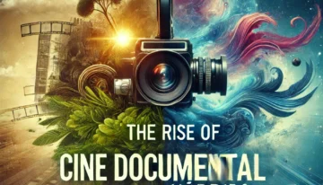 DALL·E 2025-01-09 20.37.36 – A captivating thumbnail representing ‘The Rise of Hybrid Documentary Films_ Reality Meets Fiction.’ The design includes contrasting visuals of a film