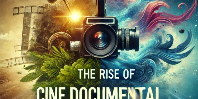 DALL·E 2025-01-09 20.37.36 – A captivating thumbnail representing ‘The Rise of Hybrid Documentary Films_ Reality Meets Fiction.’ The design includes contrasting visuals of a film