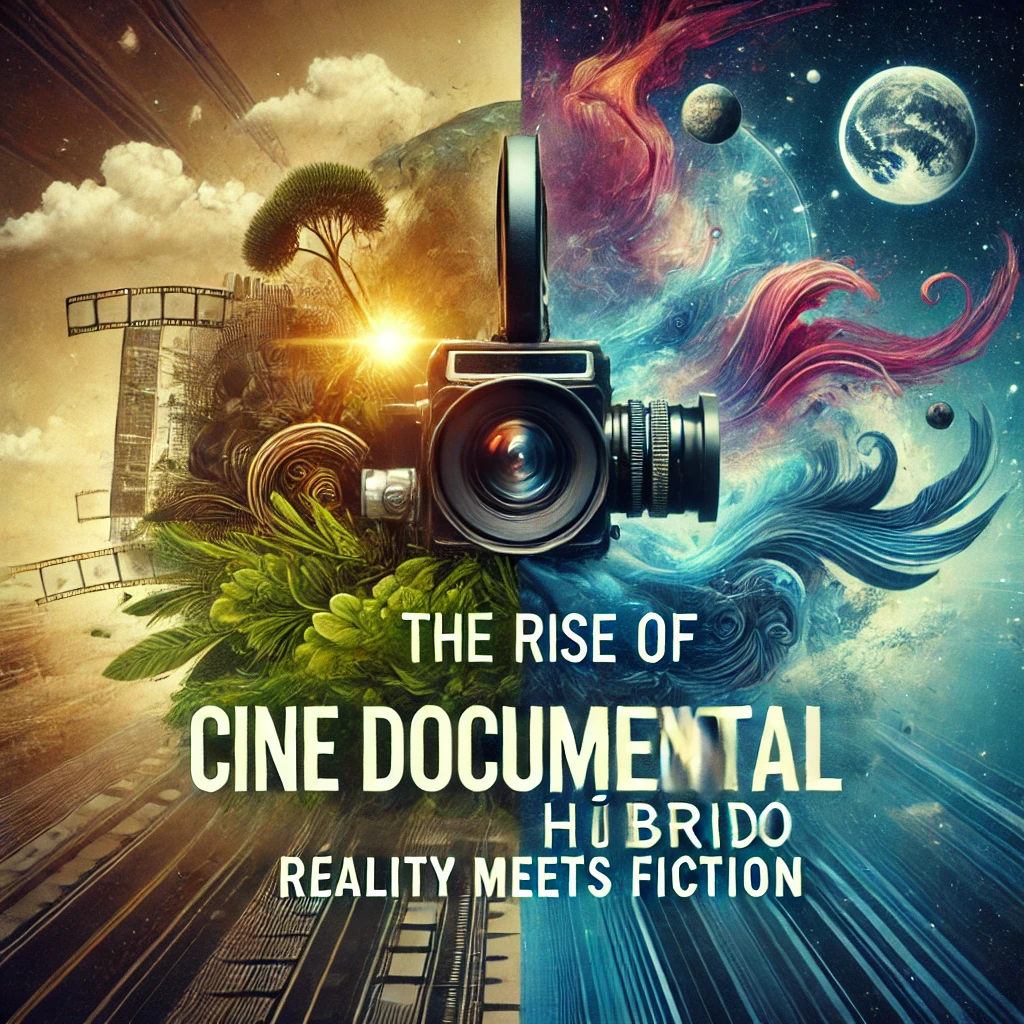 DALL·E 2025-01-09 20.37.36 – A captivating thumbnail representing ‘The Rise of Hybrid Documentary Films_ Reality Meets Fiction.’ The design includes contrasting visuals of a film