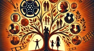 DALL·E 2025-01-09 21.17.10 – A vibrant YouTube thumbnail for a video about movies exploring family relationships. The design features a film reel intertwined with a family tree, i