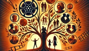 DALL·E 2025-01-09 21.17.10 – A vibrant YouTube thumbnail for a video about movies exploring family relationships. The design features a film reel intertwined with a family tree, i