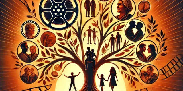 DALL·E 2025-01-09 21.17.10 – A vibrant YouTube thumbnail for a video about movies exploring family relationships. The design features a film reel intertwined with a family tree, i