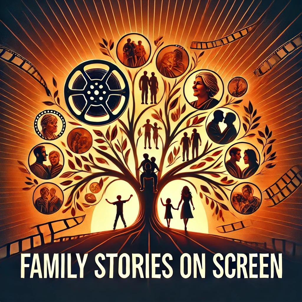 DALL·E 2025-01-09 21.17.10 – A vibrant YouTube thumbnail for a video about movies exploring family relationships. The design features a film reel intertwined with a family tree, i