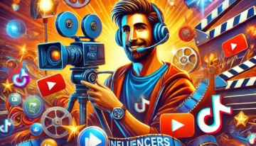 DALL·E 2025-01-09 21.26.10 – A vibrant and dynamic thumbnail representing ‘How Influencers Are Participating in Film Productions.’ The design features a mix of cinematic elements,