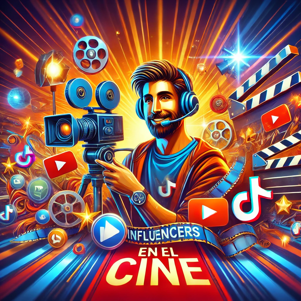 DALL·E 2025-01-09 21.26.10 – A vibrant and dynamic thumbnail representing ‘How Influencers Are Participating in Film Productions.’ The design features a mix of cinematic elements,