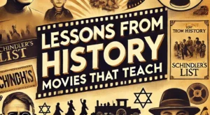 DALL·E 2025-01-09 21.37.32 – A visually striking YouTube thumbnail for a video about historical movies that teach important lessons. The design features iconic elements like a fil