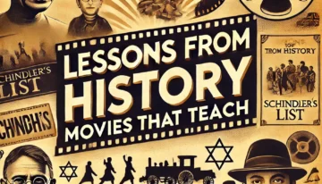 DALL·E 2025-01-09 21.37.32 – A visually striking YouTube thumbnail for a video about historical movies that teach important lessons. The design features iconic elements like a fil