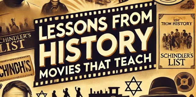 DALL·E 2025-01-09 21.37.32 – A visually striking YouTube thumbnail for a video about historical movies that teach important lessons. The design features iconic elements like a fil