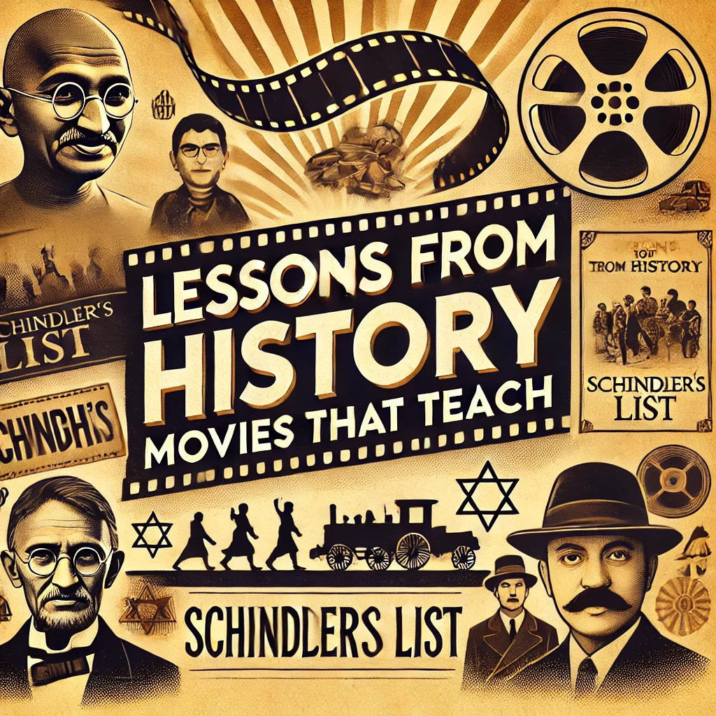 DALL·E 2025-01-09 21.37.32 – A visually striking YouTube thumbnail for a video about historical movies that teach important lessons. The design features iconic elements like a fil