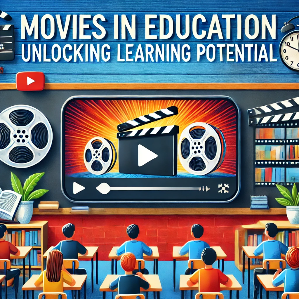 DALL·E 2025-01-09 21.39.14 – A visually engaging YouTube thumbnail for a video about using movies as an educational tool in classrooms. The design includes an image of a blackboar