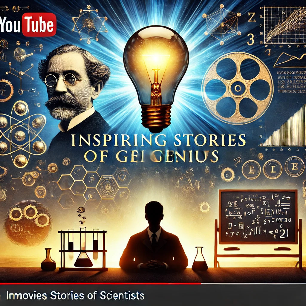 DALL·E 2025-01-10 16.46.48 – A visually striking YouTube thumbnail for a video titled ‘Movies About Inventors and Scientists’. The design features an inspiring collage_ a glowing