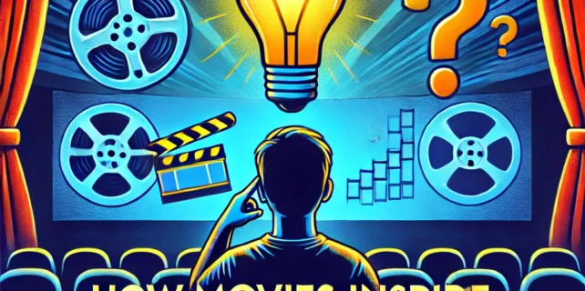 DALL·E 2025-01-10 16.48.22 – A captivating YouTube thumbnail for a video titled ‘How Movies Inspire Critical Thinking in Youth’. The design features a young person sitting in a th