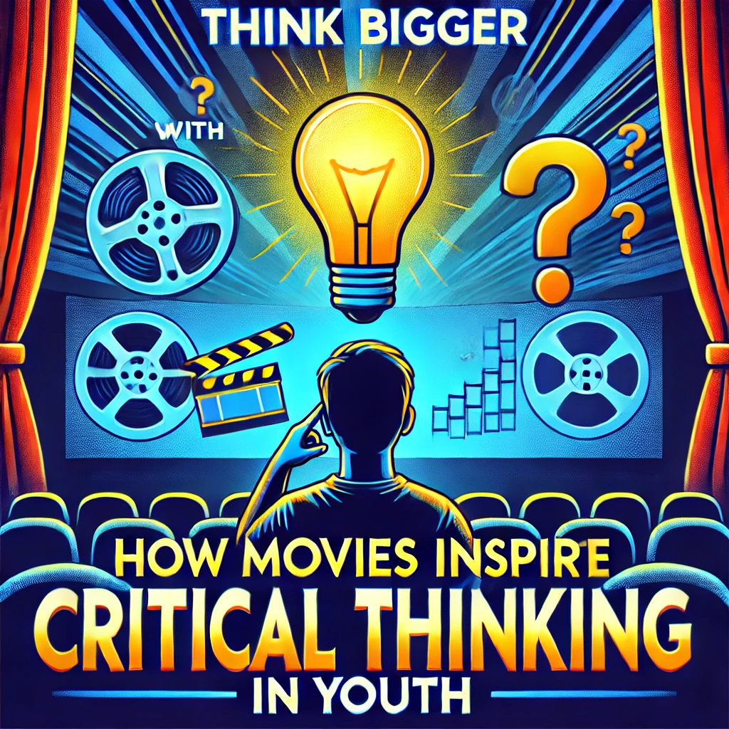 DALL·E 2025-01-10 16.48.22 – A captivating YouTube thumbnail for a video titled ‘How Movies Inspire Critical Thinking in Youth’. The design features a young person sitting in a th