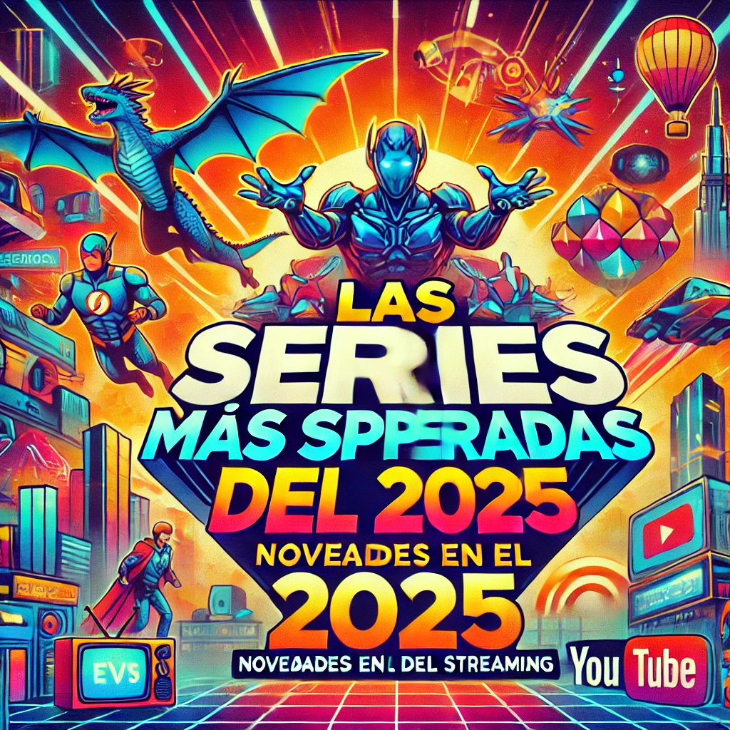 DALL·E 2025-01-10 16.50.06 – A vibrant and eye-catching thumbnail for a YouTube video titled ‘Las series más esperadas del 2025_ Novedades en el mundo del streaming.’ The design i