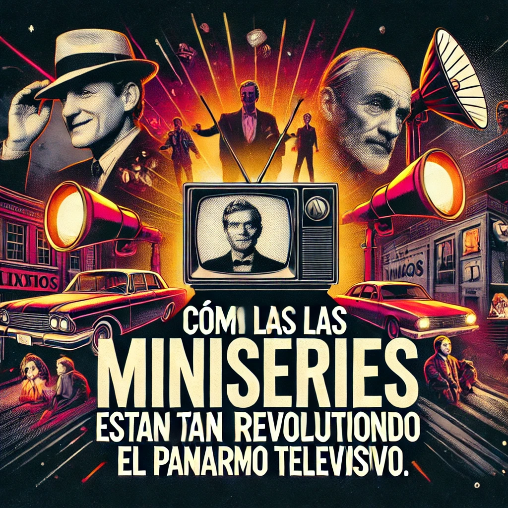 DALL·E 2025-01-10 16.54.12 – A vibrant and visually striking thumbnail for a YouTube video titled _Cómo las miniseries están revolucionando el panorama televisivo._ The design fea