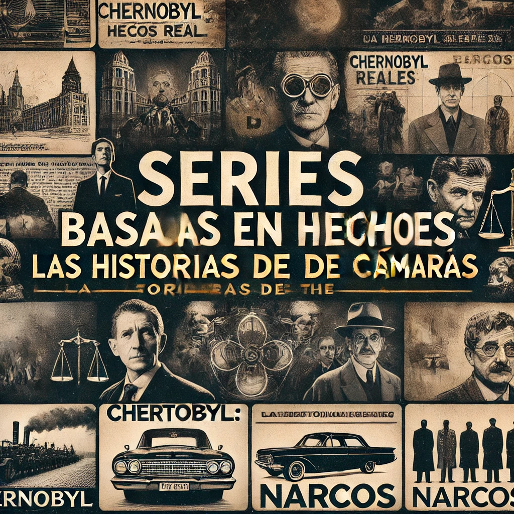 DALL·E 2025-01-10 17.02.26 – A visually compelling YouTube thumbnail for a video titled _Series basadas en hechos reales_ Las historias detrás de las cámaras._ The design features