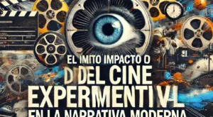 DALL·E 2025-01-10 17.03.58 – A visually striking YouTube thumbnail for a video titled _El impacto del cine experimental en la narrativa moderna._ The design includes a collage of