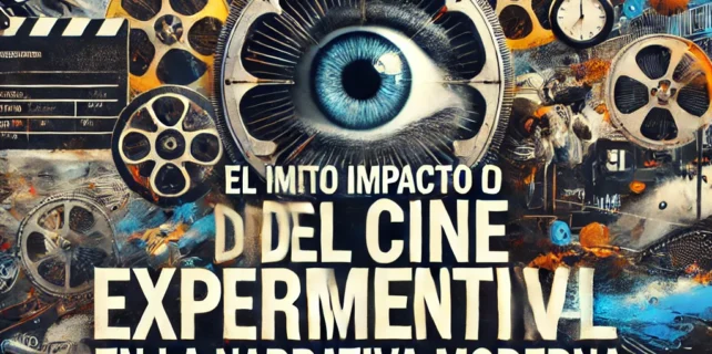 DALL·E 2025-01-10 17.03.58 – A visually striking YouTube thumbnail for a video titled _El impacto del cine experimental en la narrativa moderna._ The design includes a collage of