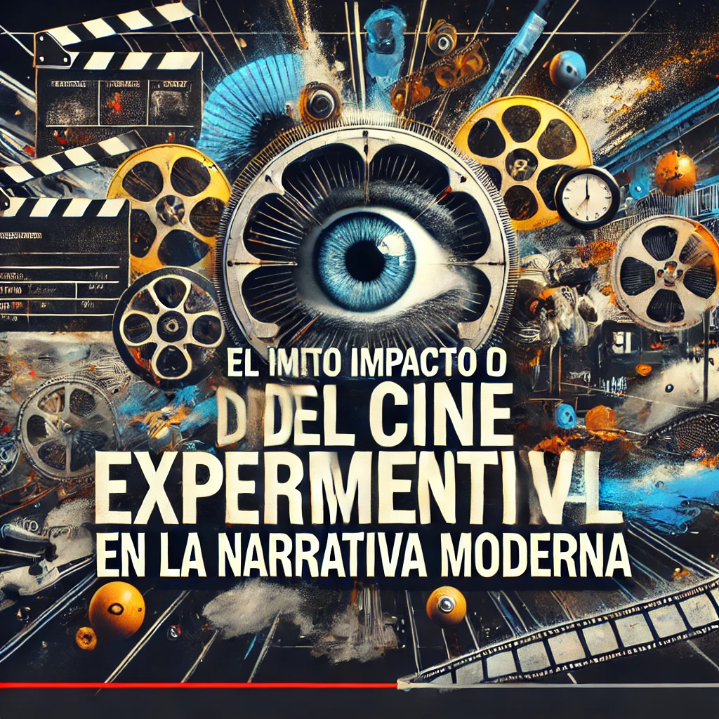 DALL·E 2025-01-10 17.03.58 – A visually striking YouTube thumbnail for a video titled _El impacto del cine experimental en la narrativa moderna._ The design includes a collage of